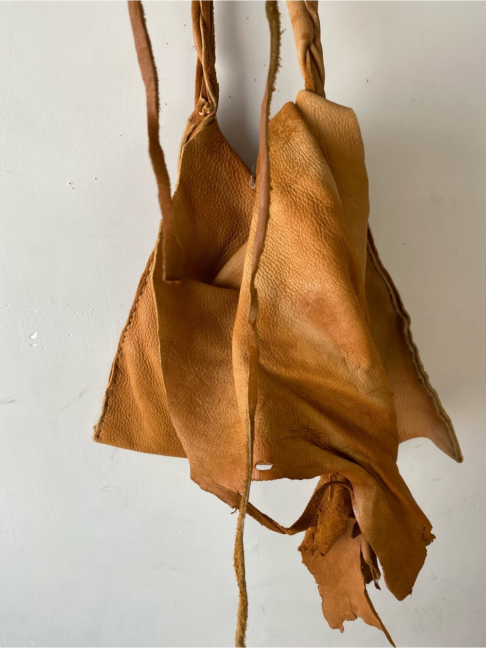 Handmade Asymmetrical Leather Shoulder Bag Tan Distressed Boho Grunge OS - Picture 5 of 16